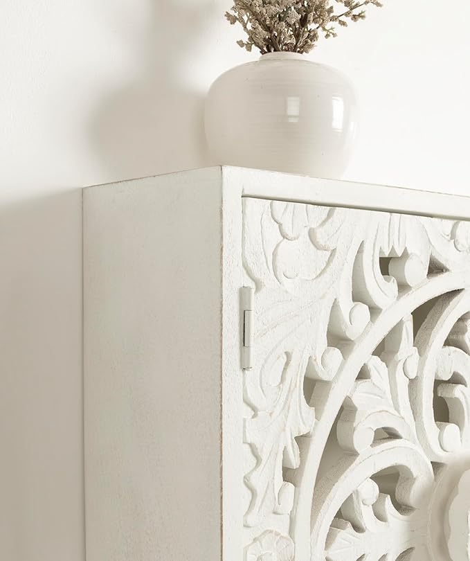 Kate and Laurel Saanvi Traditional Carved Wood Wall Cabinet; 20 x 6 x 20; White; Dimensional Over The Toilet Storage Cabinet for Bathroom Storage and Display