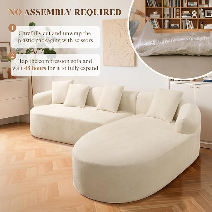 99" Curved Sectional Sofa with Chaise, Modern Boneless Couch with Deep Seat, L Shaped 3-Seater Cloud Couch for Living Room, No Assembly Needed, Chenille (Beige, Right Chaise+Left Sofa)