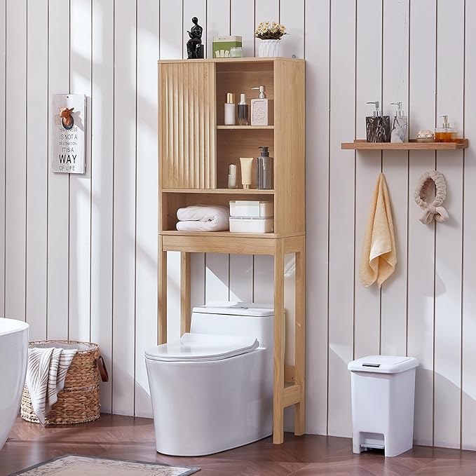 LEYAOYAO Fluted Over The Toilet Storage Cabinet, Farmhouse Over Toilet Bathroom Organizer with a Sliding Door, 68" Tall Wood Natural Freestanding Washer Shelf with Adjustable Shelf & Curved Profile