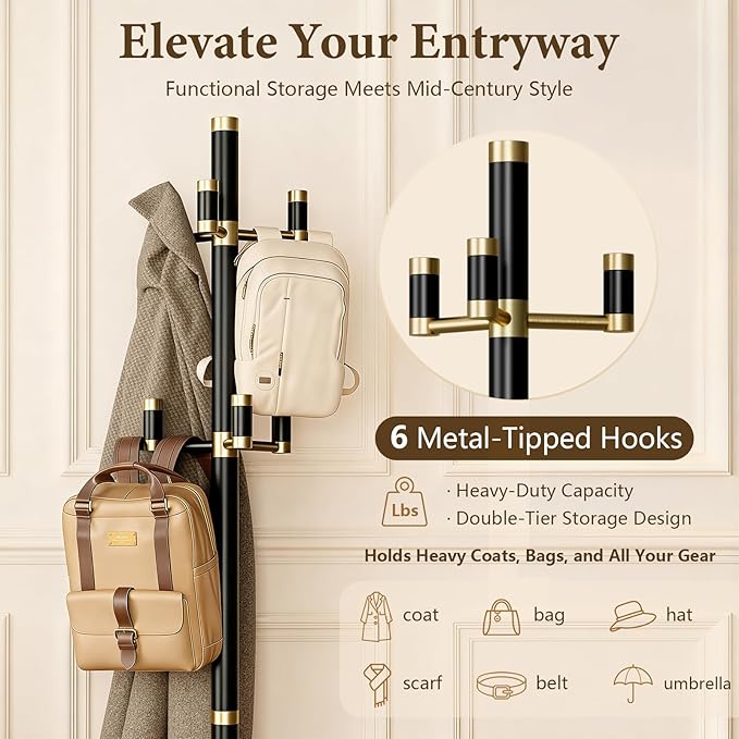 Solid Wood Freestanding Coat Rack with 6 Gold Metal Hooks, Heavy-Duty Freestanding Coat Stand for Coats, Hats, and Bags, Coat Racks for Bedroom, Entryway, and Living Room (Black)