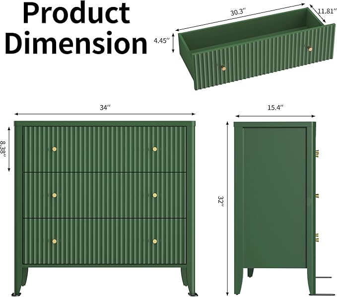 Fatmok Fluted 3 Drawer Dresser for Bedroom, 34" Wide Chest of Drawers, Modern Wood Nightstand End Table with Metal Handles, Striped Storage Cabinet for Living Room, Hallway, Entryway, Green