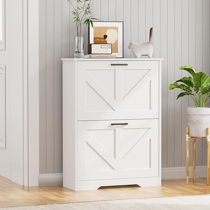 Homleke Farmhouse Shoe Cabinet for Entryway with 2 Barn-Style Flip Drawers, Narrow Shoe Storage Organizer with Top Display Shelf, Adjustable Shelves, Shoe Rack for Hallway, Closet- (White, 24" Wide)