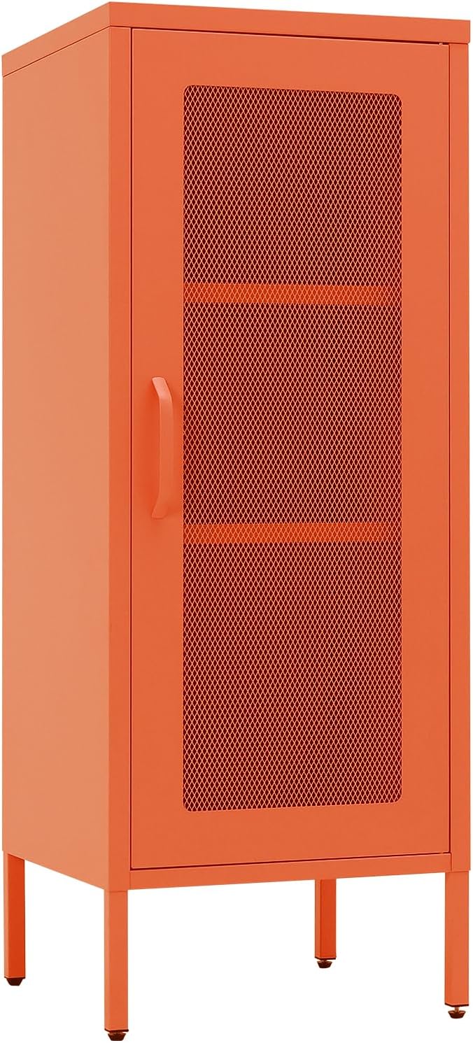 Slim Metal Storage Cabinet with Mesh Doors - 42'' Tall Narrow Organizer Tower, Compact Freestanding Cabinet, Versatile Utility Storage for Home, Office, Kitchen, Living Room, Durable and Modern Design