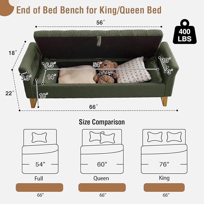 66'' King Size Bedroom Bench with Storage End of Bed, Boucle Bedroom Benches for Foot of Bed with Gold Legs, Teddy Storage Bench with Armrest, Olive Green