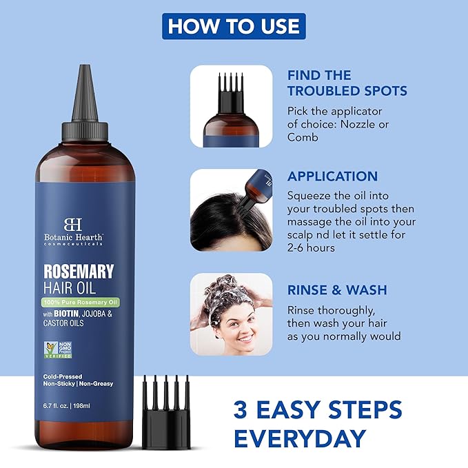 Botanic Hearth Hair Oil for Hair Growth | Rosemary Oil for Hair Growth with Biotin, Castor & Jojoba | Scalp Oil & Dry Scalp Treatment | Color Safe | All Hair Types | 6.7 Fl Oz