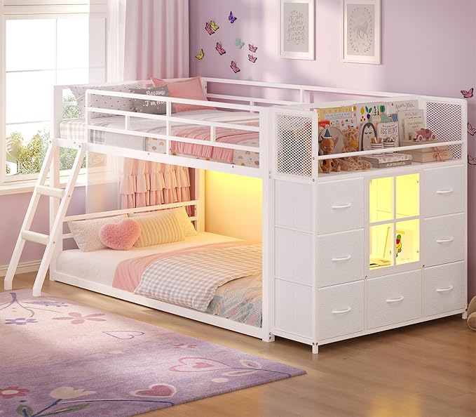 BTHFST Low Bunk Bed Twin Over Twin with 7 Large Fabric Drawers & Bookshelf, Metal Bunk Bed with RGB LED Lights & Slanted Ladder & Safety Guardrail, Kids Low Loft Bed Twin for Small Space, White