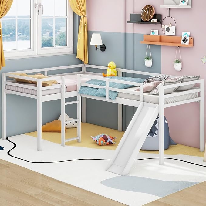 Merax Twin Size Double Loft Bed with Slide and Ladder, Wooden L-Shaped Bed Frame with Full-Length Guardrail, Wood Bedframe for Kids Teens Adults Bedroom, 2 Twin Beds,White