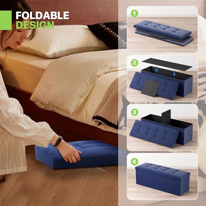 Magshion Folding Storage Ottoman Bench, 43 Inches Ottoman Foot Rest, Large End of Bed Bench, Storage Chest for Living Room, Entryway, Bedroom, 600 lbs Load Capacity, 15 x 43 x 15 Inches, Navy Blue