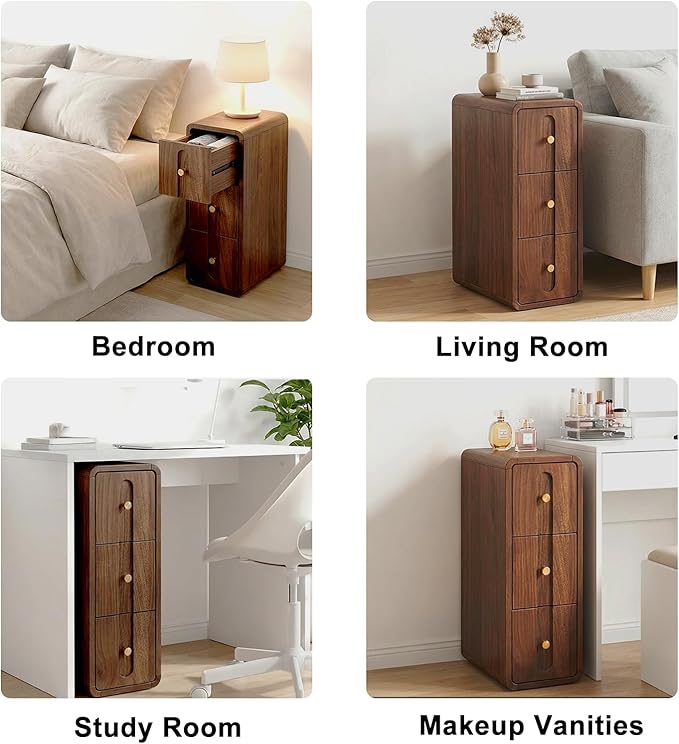 Narrow Nightstand Set of 2, Small Bedside Table with 3 Drawers, Mid Century Modern Skinny Night Stand with Storage, Wood Slim Side Table for Bedroom, Small Spaces, Living Room (Walnut-2pcs)