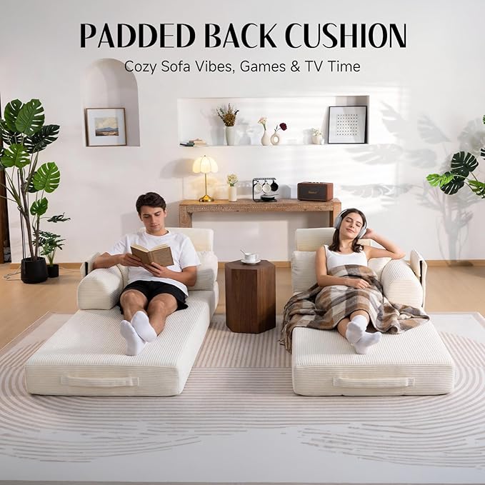 79" Convertible Boneless Couch for Small Spaces, 6-in-1 Corduroy Sofa Bed with High Backrest, Pillows, High-Density Foam Loveseat Sleeper Couch in a Box for Living Room, No Assembly, Beige