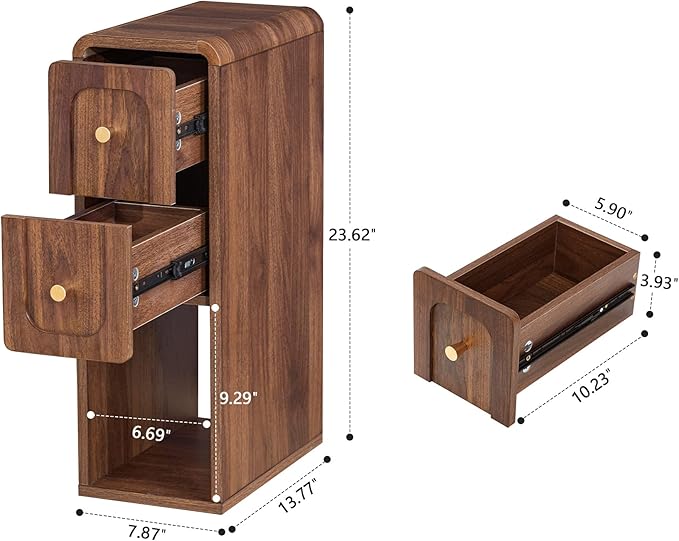Narrow Nightstand with 2 Drawers, Small Bedside Tables, Mid-Century Modern Slim Night Stand with Storage, Wooden End Table for Small Spaces, Bedroom, Living Room (Walnut-1PCS)