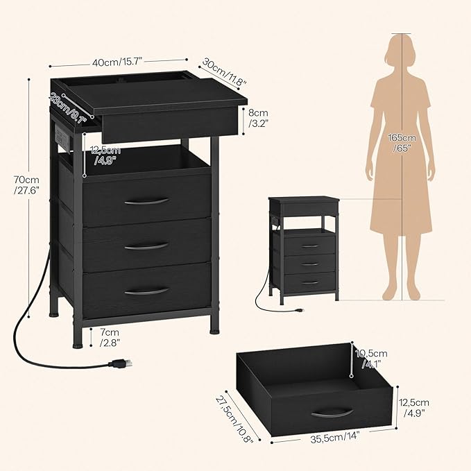 HOOBRO Nightstand with Charging Station, Bedside Table with Fabric Drawers, End Table with Lockable Hidden Compartment, 2 AC Outlets, 1 USB-A, 1 Type-C, for Bedroom, Black BB143UBZ01