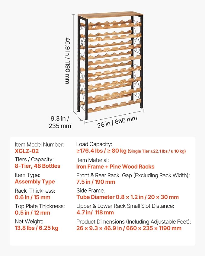 VEVOR 48 Bottle Wine Rack,8-Tier Iron Wine Bottle Holder with Wood Table Top,Freestanding Floor Display Wine Storage Shelves,for Kitchen Pantry, Cellar, Bar, Dining Room,26''L X 9.3''W X 46.9''H