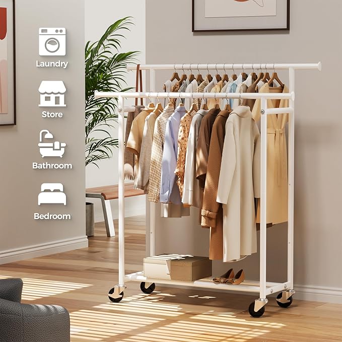 HYSEYY Clothes Rack, Double Rods Rolling Clothing Rack for Hanging Clothes, Portable Garment Rack with Wheels, Coat Rack Wardrobe Closet Load 240 LBS for Bedroom Laundry Room (White, L)
