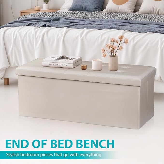 ZenStyle 43Inches Folding Storage Ottoman Bench, Faux Leather Footrest with Foam Padded Seat, Storage Long Shoes Bench for Living Room, Entryway, Bedroom, Holds up to 660 lbs (Beige, 43 inches)