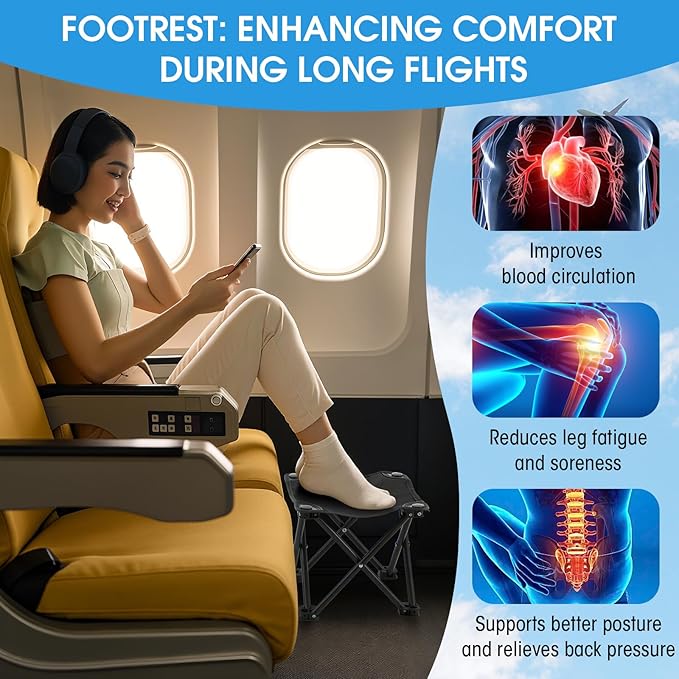 Ripeng 2 Pcs Portable Airplane Travel Foot Rest, Folding Camping Stool, Under Desk Foot Rest at Work for Long Flight, Home and Office Outdoor Hiking Fishing with Carry Bag (Black)