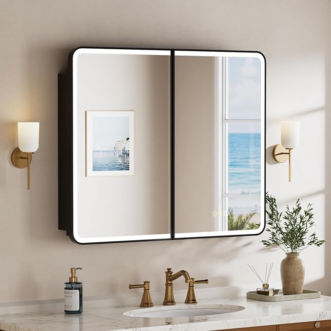 36x30 Inch Medicine Cabinet with Mirror, Recessed or Surface Mount Bathroom Medicine Cabinet with LED Lights, Anti-Fog, Memory Function, Adjustable Shelf, Dimmable Light, ETL Listed, Black
