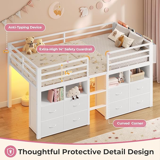 ADORNEVE Low Loft Bed Twin Size with 8 Storage Drawers, Twin Loft Bed with Bookcase and LED Lights, Metal Kids Loft Bed with 14" H Safety Guardrail, Under-Bed Play Space, No Box Spring Needed, White