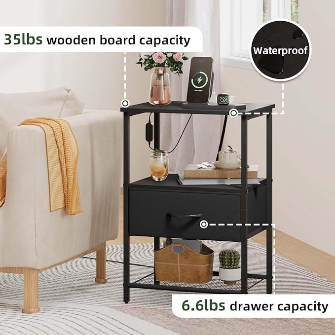 Somdot Nightstand with Charging Station and LED Light for Bedroom, Bedside Table End Table for Dorm Guest Room Bedside Kids Laundry Closet Entryway Hallway, Black