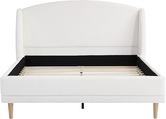 Christopher Knight Home Hazel Queen Size Bed Frame, Upholstered Platform Bed, Soft Boucle Wingback Headboard, Wood Bed Support and Slats, Curved-Shaped Headboard Queen Bed for Adult, 44.50" H White