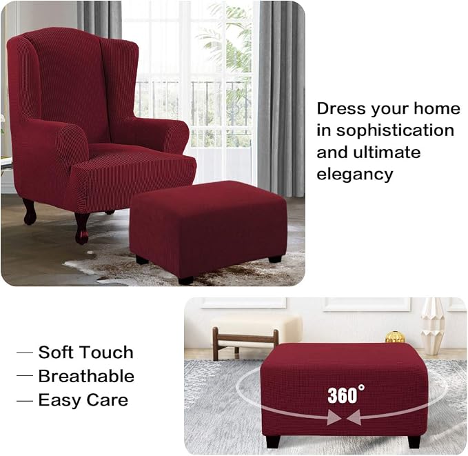 H.VERSAILTEX Ottoman Cover Slipcover Rectangle Fit Length 29'-34' Footrest Sofa Slipcovers Stool Cover Footstool Protector Covers Feature Stretch Soft Jacquard Fabric Removable Washable - Burgundy