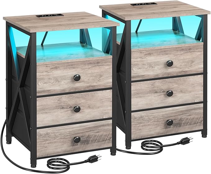 AMHANCIBLE Night Stand Set 2, LED Nightstand with Charging Station, End Side Tables with USB Port & Outlet, Bedside Table with 3 Fabric Drawers for Bedroom, Greige, HET053LGY