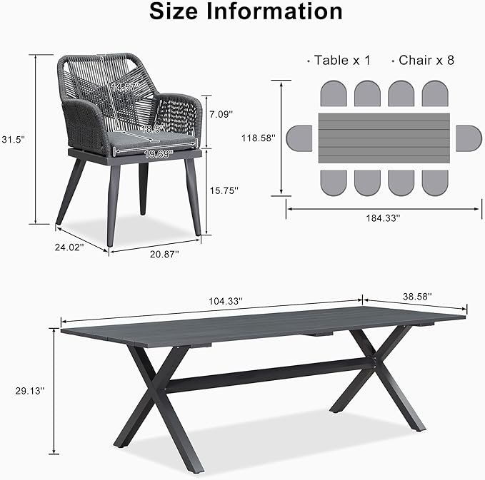 PURPLE LEAF 11 Pieces Outdoor Dining Set All-Weather PE Rattan Outdoor Patio Furniture Set with All Aluminum Frame Rectangular Table and Chairs Set for Lawn Garden Backyard Deck, Grey