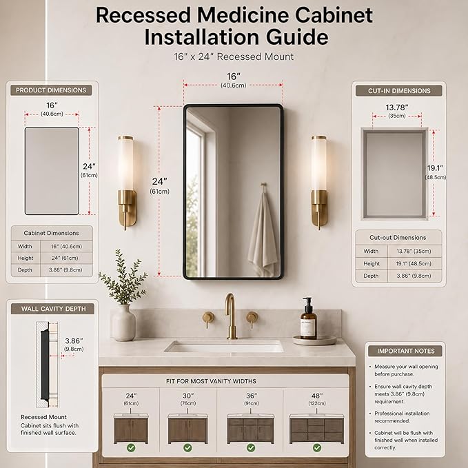Medicine Cabinet with Mirror 16x24 inch, Black Recessed or Surface Wall Mount Bathroom Cabinets with Adjustable Shelves and Metal Framed