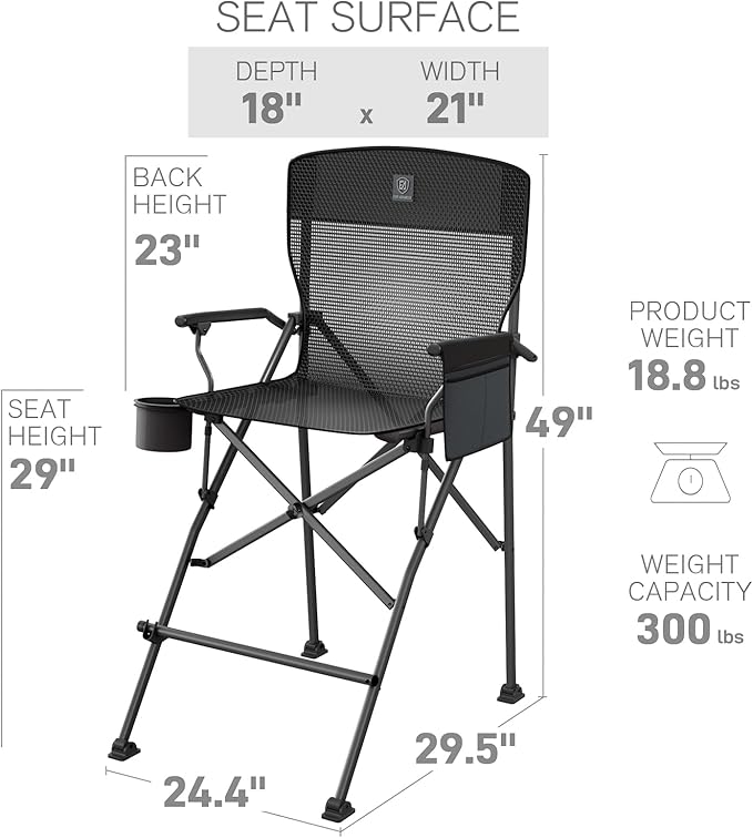 EVER ADVANCED Textilene Mesh Tall Camping Folding Chair 31", Portable Directors Chair, Bar Height Camping Chair with Carry Bag and Footrest, Armrest, Heavy Duty Supports 300 Lbs Black