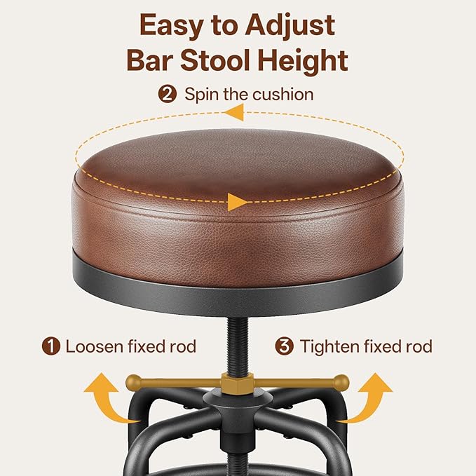 Raynesys Adjustable Height Swivel Bar Stools Set of 3, 22-29 Inch Industrial Vintage Bar Counter Height Stools with Thicken Premium Bonded Leather Seats & Updated Footrests, Easy Assembly, Brown