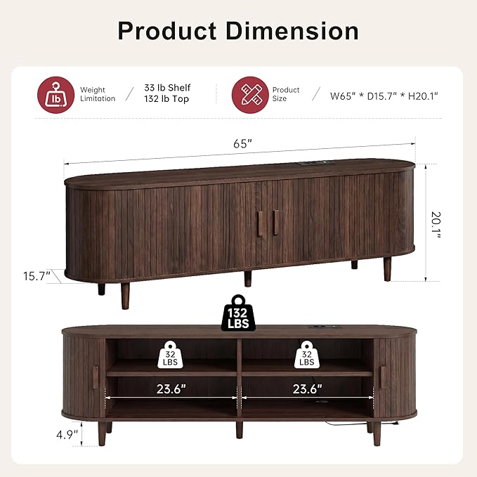 65" Mid Century Modern TV Stand, Wood TV Consoles with Sliding Doors and Power Outlet, Fluted Entertainment Center with Adjustable Shelves, Media Console for Living Room, Walnut