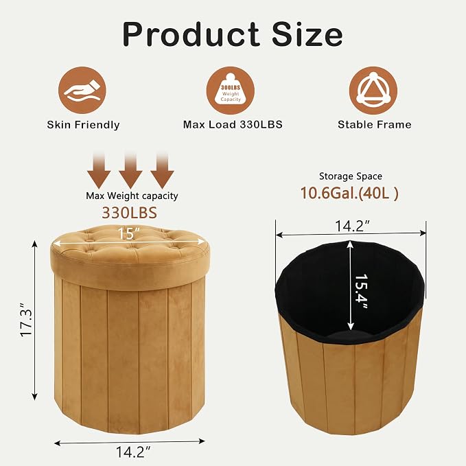 CAROLMADE Round Storage Ottoman,Velvet Folding Footrest Stool with Thicker Foam Padded Seat,Versatile Vanity Stool for Living Room,Bedroom or Dorm,Orange