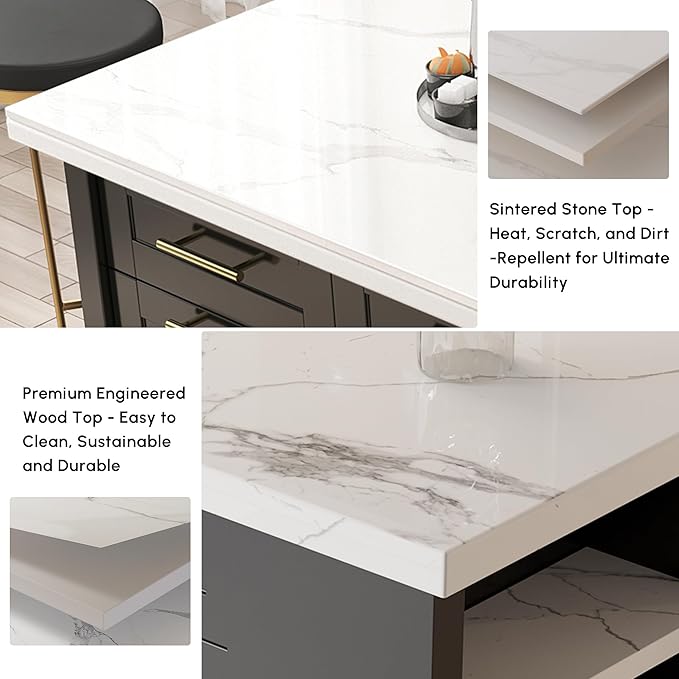 homary 72" Modern Kitchen Island with Storage, White Marble-Effect Engineered Wood Top, Modern Kitchen Table for Dining Room, Black & White