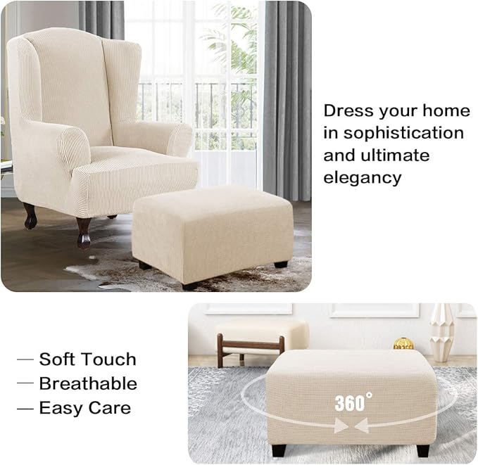 H.VERSAILTEX Ottoman Cover Slipcover Rectangle Fit Length 33'-38' Footrest Sofa Slipcovers Stool Cover Footstool Protector Covers Feature Stretch Thick Jacquard Fabric Removable Washable - Natural