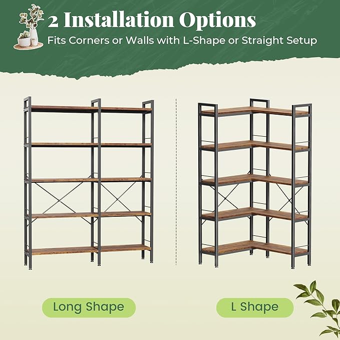 Huuger 5 Tier Bookshelf, L Shaped Corner Bookshelf with 10 Open Shelves, 49.4 Inch Straight Wide Bookcase with Metal Frame and Wooden Board, Adjustable Feet, Rustic Brown