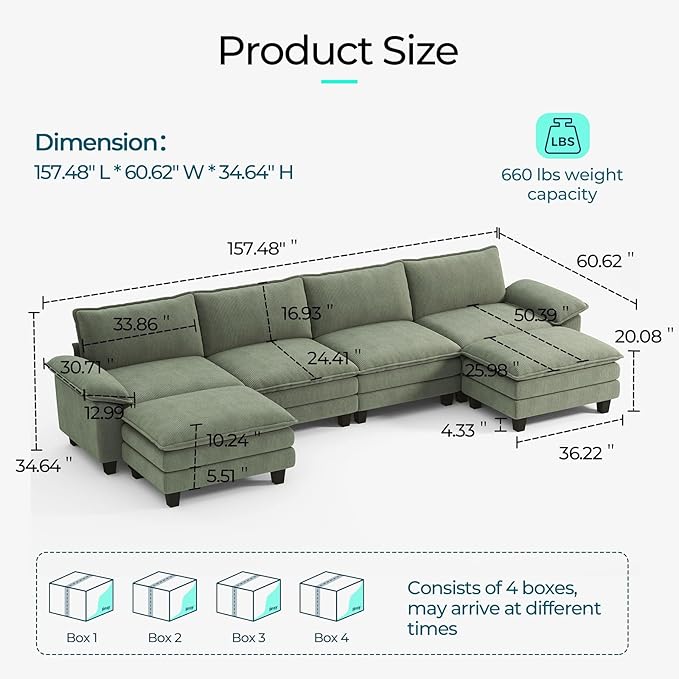 LINSY HOME 157" Modular U-Shaped Sectional Sofa, 4-Seat Corduroy Modern Cloud Couch with Deep Seat & 2 Movable Ottoman, Perfect for Living Room, Office, Bedroom, Green