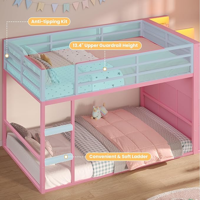 BTHFST Bunk Bed Twin Over Twin with 6 Large Fabric Drawers & 4 Storage Bookshelf, Metal Low Bunk Bed for Kids with LED Lights & Ladder and Guardrail, Space Saving, for Girls, Pink