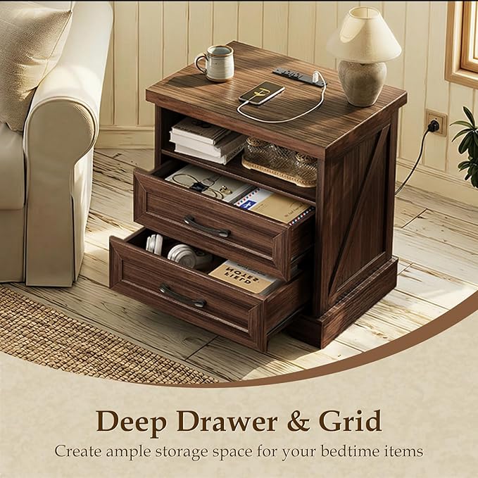 AODK 24 Inch Farmhouse Nightstand Set of 2, Bedside Tables with Charging Station, Wood End Tables with 2 Drawers and Open Shelf, Rustic Bed Side Table for Bedroom & Living Room, Dark Walnut