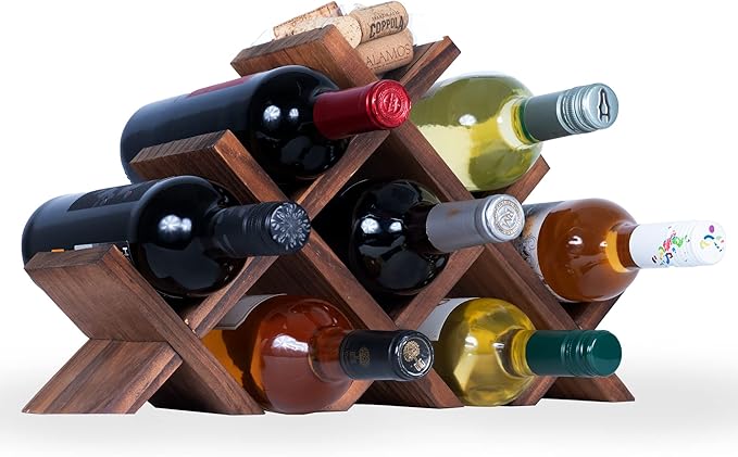 Rustic State Alella Countertop Wood Wine Rack for 8 Bottles Holder and Cork Storage Tabletop Butterfly Sleek Design Freestanding Organizer - Home, Kitchen, Dining Room Bar Décor - Walnut