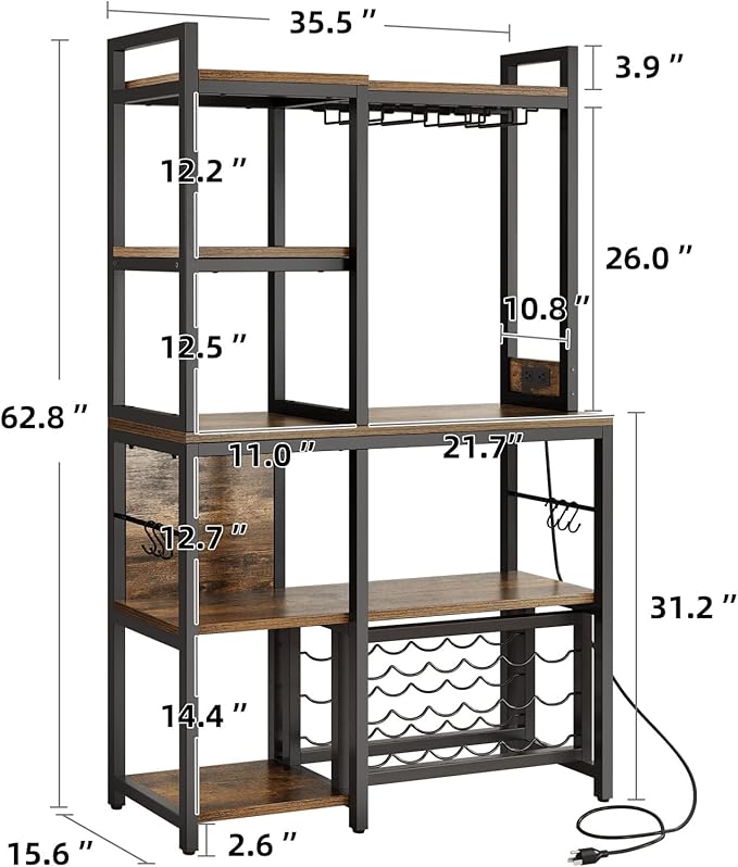 YITAHOME Kitchen Microwave Bakers Stand Wine Rack Coffee Bar Storage for Liquor Glasses Power Outlet Wine Rack Freestanding Floor Tall Farmhouse Shelf Dining Room Hutch 35 Inch Large, Rustic Brown