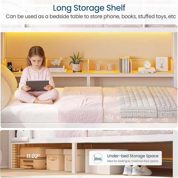 Twin Over Twin Bunk Bed with 6 Storage Drawers & 3 Boxes, Dual Side Shelves, Twin Bunk Beds for Kids with LED Lights and Charging Station, Heavy Duty Metal Bunk Bed with Safety Guardrail and Ladder