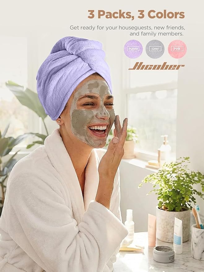 Hicober マイクロファイバー ヘアタオル 3枚セット ヘアターバン 濡れた髪用 乾燥用ヘアラップタオル 巻き髪用 女性向け 髪の広がりを抑える (ピンク、パープル、グレー)