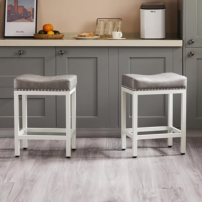 Sweetcrispy 24 inch Bar Stools Set of 6, Upholstered Modern Counter Height Bar Stools for Kitchen Island Modern PU Leather Sadless Stools Chair with Metal Base and Footrest,Grey