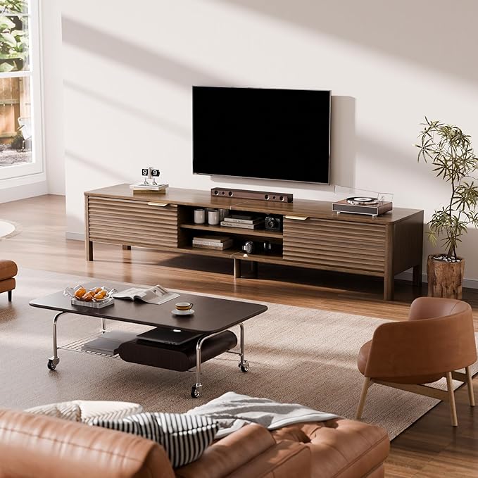 IKALIFE TV Stand for Living Room - up to 80 Inch TVs Mid Century Modern Entertainment Center with Storage and Adjustable Shelves, Media Console Table Walnut 71"