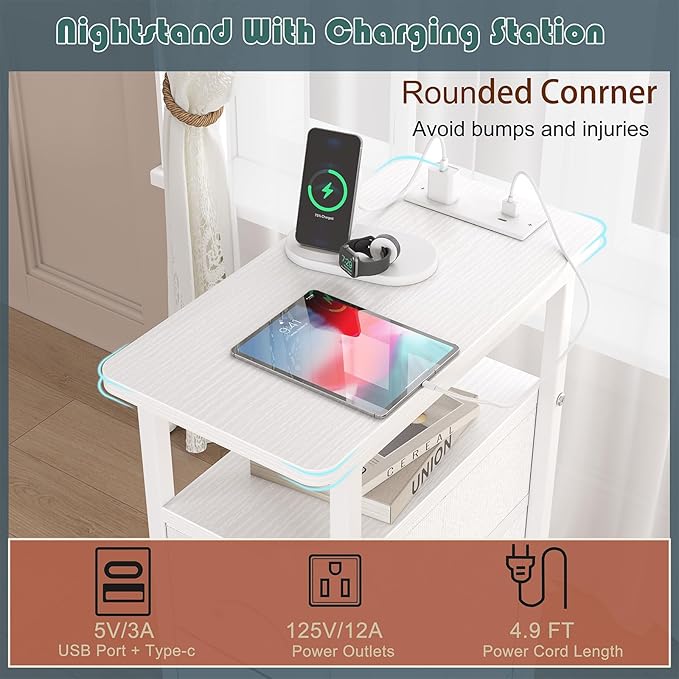 Sthmec End Table with Charging Station,Narrow Side Tables with USB Ports and Outlets,Skinny Bedside Tables with 3 Drawers,Small Tables Nightstands for Small Space,Slim Sofa Table for Livingroom, White