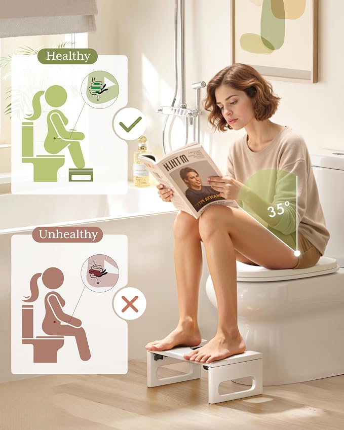 AmazerBath 7 Inches Bamboo Toilet Stool Squat for Adults, Foldable Poop Stool for Bathroom, 0.79" Thickness Potty Step Stool with Non-Slip Strip, No Assembly Required, Space-Saving, White
