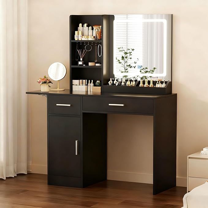 ERLEJIA Vanity Desk with Mirror and Lights, 39.37" 4 Drawers Makeup Desk Without Stool, Extra Foldable Desk with 3 Open Shelves Make Up Table for Girls and Ladies Bedroom, Black