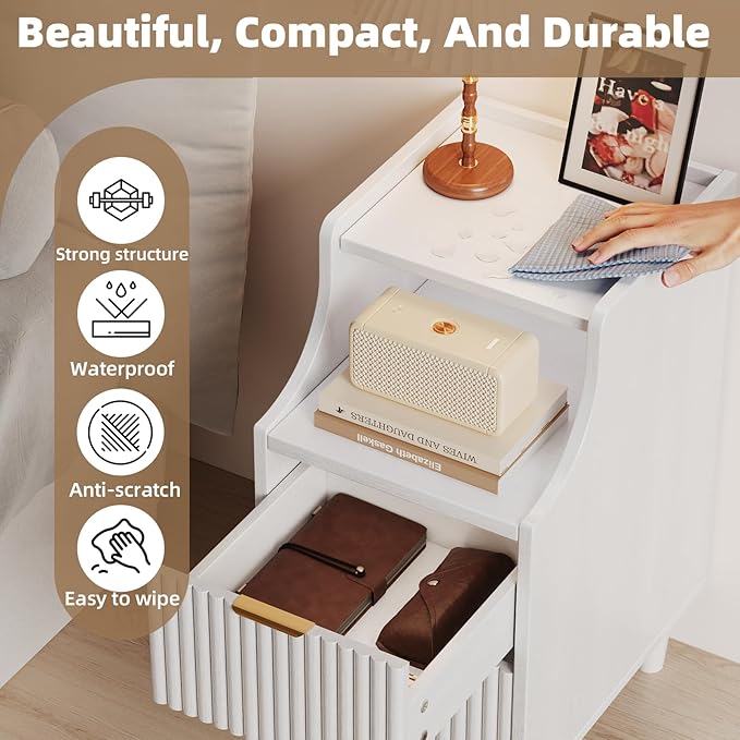 Narrow Nightstand Set of 2,11.8" Fluted Bedside Table Set of 2, Slim Side End Table with 2 Drawers, Wooden Bedside Table, White Wood Night Stand for Bedroom Livingroom Sofa Office