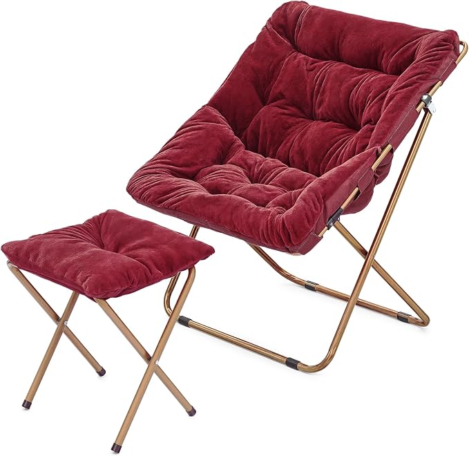 MoNiBloom Square Folding Faux Fur Saucer Chair for Bedroom Living Room Dorm Foldable Metal Frame Oversized Large Comfy Furry Padded Soft Cozy Moon Chair with Footrest Ottoman for Adults (Burgundy)