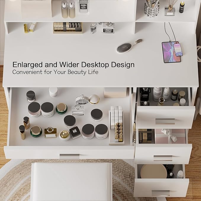 YESHOMY 39" Vanity Desk with Mirror & Lights, Makeup Vanity Table with Power Outlet & Storage Drawers, 3 Color LED Lighting, Dressing Table for Bedroom, White